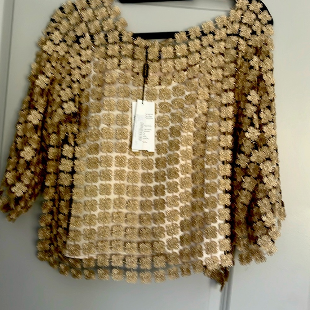Lace tan top with lining adjustable 3/4 length sleeves . Beautiful top